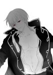  1boy bun_cover chest collared_shirt gintama greyscale jacket loli_bushi long_sleeves loose_clothes male_focus monochrome navel okita_sougo parted_lips red_eyes shirt simple_background smirk solo spot_color stomach uniform upper_body white_background 