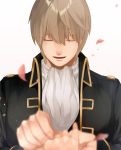  ascot bangs black_jacket blurry brown_hair closed_eyes couple depth_of_field eyebrows_visible_through_hair facing_viewer gintama hair_between_eyes hetero holding_hand iiko jacket jewelry long_sleeves male_focus motion_blur okita_sougo parted_lips petals pov pov_hands putting_on_jewelry ring shinsengumi_(gintama) shiny shiny_hair simple_background solo_focus upper_body wedding_band white_background 