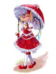  1girl ascot blonde_hair bow closed_mouth crystal dress embellished_costume flandre_scarlet frilled_dress frills full_body hat hat_ribbon holding holding_umbrella looking_at_viewer mary_janes mob_cap parasol puffy_short_sleeves puffy_sleeves red_bow red_dress red_eyes red_ribbon red_shoes ribbon sakipsakip shoes short_sleeves side_ponytail smile socks solo standing touhou umbrella white_legwear wings wrist_cuffs 