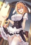  1girl animal_ears apron arm_behind_back bangs black_skirt black_vest blurry blurry_background blush breasts buttons center_frills chair collared_shirt cowboy_shot day eyebrows_visible_through_hair fake_animal_ears frilled_apron frills gochuumon_wa_usagi_desu_ka? hair_between_eyes half-closed_eyes hand_up highres holding hoto_cocoa indoors ks large_breasts looking_at_viewer maid_headdress menu older open_mouth orange_hair petticoat puffy_short_sleeves puffy_sleeves shirt short_hair short_sleeves skirt smile solo sunlight thigh-highs thighs tongue vest violet_eyes waist_apron white_apron white_legwear white_shirt wrist_cuffs 