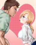  1girl blonde_hair blue_eyes blush breasts brown_hair chocolate chris_redfield closed_mouth collared_shirt couple dark_skin dark_skinned_male dotted_line eye_contact eyelashes facial_hair food_in_mouth from_side furrowed_eyebrows gradient gradient_background hair_tie heart jill_valentine large_breasts leaning_forward long_hair looking_at_another low_ponytail mouth_hold muscle nagare outline profile resident_evil resident_evil_5 shirt short_sleeves sleeves_rolled_up stubble sweat upper_body white_outline white_shirt 