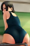  1girl absurdres ass bangs bare_shoulders black_hair blue_swimsuit blurry blurry_background blush brown_eyes chair depth_of_field from_behind hair_over_one_eye highres indoors looking_at_viewer looking_back low_ponytail matsunaga_kouyou nose_blush on_chair one-piece_swimsuit original ponytail profile school_chair school_swimsuit solo swimsuit 