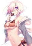  1girl bikini black-framed_eyewear blush breasts chocolate chocolate_heart cleavage dated fate/grand_order fate_(series) hair_over_one_eye heart large_breasts looking_at_viewer navel nishimura_eri parted_lips shielder_(fate/grand_order) sideboob simple_background sketch solo striped striped_bikini swimsuit twitter_username under_boob valentine violet_eyes white_background 