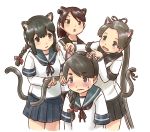  4girls animal_ears arm_warmers ayanami_(kantai_collection) black_eyes black_hair blue_skirt braid brown_eyes brown_hair cat_ears cat_tail cowboy_shot hair_between_eyes isonami_(kantai_collection) kantai_collection karasu_(naoshow357) long_hair long_sleeves multiple_girls plaid plaid_skirt pleated_skirt ponytail remodel_(kantai_collection) school_uniform serafuku shikinami_(kantai_collection) short_hair side_ponytail sidelocks simple_background single_braid skirt smile tail thick_eyebrows uranami_(kantai_collection) wavy_mouth white_background 