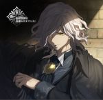  1boy cross edmond_dantes_(fate/grand_order) fate/grand_order fate_(series) hat looking_at_viewer looking_down male_focus mouth_hold routo short_hair smile smoking solo wavy_hair white_hair yellow_eyes 