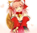  1girl animal_ears bell bell_collar box breasts cleavage collar fangs fate/grand_order fate_(series) fox_ears fox_tail gift gift_box hair_ribbon heart incoming_gift large_breasts long_hair looking_at_viewer matryoshka_(borscht) open_mouth paws pink_hair ribbon solo tail tamamo_(fate)_(all) tamamo_cat_(fate) yellow_eyes 