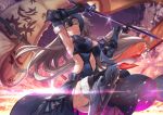  1girl armpits black_gloves black_legwear breasts chains elbow_gloves fate/grand_order fate_(series) flag gauntlets gloves greaves grey_hair grin hasaya helmet highres holding holding_sword holding_weapon jeanne_alter long_hair looking_at_viewer ruler_(fate/apocrypha) smile solo sword thigh-highs weapon yellow_eyes 