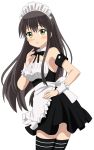  1girl alternate_costume apron bare_shoulders black_hair black_legwear cp9a enmaided green_eyes long_hair maid maid_apron maid_headdress solo tatsumi_kon thigh-highs urara_meirochou wrist_cuffs zettai_ryouiki 