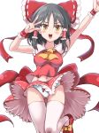  1girl :d arm_garter arms_up ascot bangs black_hair blush bow bow_panties breasts collarbone commentary_request cookie_(touhou) eyebrows_visible_through_hair gluteal_fold hair_between_eyes hair_bow hair_tubes hakurei_reimu highres long_hair mary_janes medium_breasts navel open_mouth panties red_bow red_shoes red_skirt ribbon-trimmed_skirt sananana shoe_bow shoes sidelocks simple_background skirt sleeveless smile solo taut_clothes thigh-highs touhou underwear v_over_eye white_background white_legwear white_panties yarumi_(suina) yellow_bow yellow_eyes 