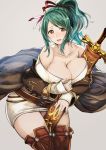  1girl bare_shoulders blush breasts brown_eyes cape cleavage collarbone dress granblue_fantasy green_hair hair_ribbon herja large_breasts long_hair looking_at_viewer open_mouth ponytail ribbed_sweater ribbon ririko_(zhuoyandesailaer) sheath sheathed simple_background smile solo sweater sweater_dress sword weapon white_background 