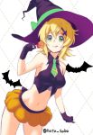  1girl :q akatsuki_kirika armpit_peek bare_shoulders bat blonde_hair candy food gloves green_eyes hair_between_eyes hair_ornament halloween jack-o&#039;-lantern lollipop midriff navel purple_gloves sabu senki_zesshou_symphogear short_hair short_necktie sketch skirt solo tongue tongue_out twitter_username x_hair_ornament 