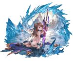  1girl ass beatrix_(granblue_fantasy) bikini breasts brown_eyes brown_hair cleavage fur_trim granblue_fantasy hair_ornament ice looking_at_viewer minaba_hideo official_art open_mouth sandals sitting snowman solo swimsuit sword transparent_background weapon wrist_cuffs 