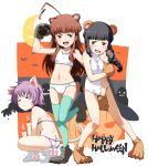  3girls :3 =_= ahoge animal_ears aqua_legwear arm_around_shoulder bare_shoulders bat bear_ears black_eyes black_hair blush brown_eyes brown_hair candle cat_ears cat_tail covering covering_breasts covering_crotch fang gloves halloween jack-o&#039;-lantern kantai_collection kitakami_(kantai_collection) kuma_(kantai_collection) long_hair looking_at_viewer midriff moon multiple_girls navel one_leg_raised open_mouth paw_gloves paw_shoes paws purple_hair shoes squatting sweatdrop tabigarasu tail tama_(kantai_collection) thigh-highs 