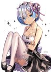  1girl bare_arms bare_shoulders blue_eyes blue_hair breasts cleavage gambe_(seelunto) hair_ornament hair_over_one_eye hair_ribbon highres looking_at_viewer maid maid_headdress name_tag pink_ribbon re:zero_kara_hajimeru_isekai_seikatsu rem_(re:zero) ribbon ribbon-trimmed_clothes ribbon_trim short_hair sleeveless solo star white_legwear x_hair_ornament 