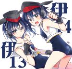  2girls :d :o ass asymmetrical_hair bangs bare_arms bare_shoulders bent_over black_gloves black_hair black_swimsuit blush breasts character_name collarbone covered_navel crop_top eyes_visible_through_hair fingerless_gloves gloves hair_between_eyes hanano_sumire_(artist) hand_on_own_chest hat headphones i-13_(kantai_collection) i-14_(kantai_collection) kantai_collection leaning_forward looking_at_viewer looking_back multiple_girls one-piece_swimsuit open_mouth school_swimsuit school_uniform serafuku shirt short_hair simple_background sleeveless sleeveless_shirt small_breasts smile swimsuit swimsuit_under_clothes white_background white_shirt yellow_eyes 