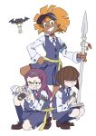  3girls arai_hiroki armband bangs blunt_bangs bob_cut brown_hair camera dark_skin earrings extra glasses hairband hand_on_hip highres hoop_earrings jewelry kneeling little_witch_academia multiple_girls notepad orange_hair pen polearm purple_hair school_uniform short_hair simple_background smile spear standing standing_on_one_leg visor wangari_(little_witch_academia) weapon white_background 