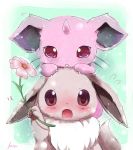  artist_name blush brown_eyes eevee fangs flower flying_sweatdrops green_background holding holding_flower horn kana_(251373) looking_at_viewer motion_lines nidoran no_humans open_mouth outside_border outstretched_arm pokemon pokemon_(creature) red_eyes 