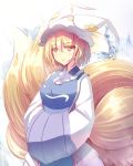  1girl animal_ears blonde_hair dress fox_ears fox_tail frilled_hat frills hands_in_sleeves hands_together hat liya long_sleeves mob_cap multiple_tails ofuda pillow_hat short_hair solo tabard tail touhou white_dress wide_sleeves yakumo_ran yellow_eyes 