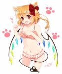  1girl :d animal_ears bikini blonde_hair blush bow bra breasts cat_ears dated fang flandre_scarlet frilled_bra frilled_panties frills hair_bow haruki_(colorful_macaron) kemonomimi_mode laevatein_(tail) looking_at_viewer navel open_mouth panties paw_pose paw_print red_eyes short_hair side_ponytail signature small_breasts smile solo swimsuit touhou underwear underwear_only wings 