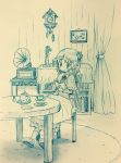  1girl aki_shizuha arinu blush book bookshelf chair commentary cookie cup curtains food hair_ornament highres leaf leaf_hair_ornament leaf_on_head monochrome phonograph picture_(object) reading rug short_hair sitting smile solo table teacup teapot touhou vase 