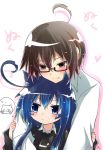  1boy 1girl :&lt; :3 ^_^ acchi_kocchi ahoge animal_ears artist_name black-framed_eyewear blue_eyes blue_hair blush brown_hair cardigan cat_ears closed_eyes closed_mouth collared_shirt colored_eyelashes couple eyebrows_visible_through_hair glasses hair_between_eyes highres hug hug_from_behind huge_ahoge kana_(251373) kemonomimi_mode miniwa_tsumiki otonashi_io partially_colored school_uniform semi-rimless_glasses shirt silhouette sleeves_past_wrists smile thought_bubble under-rim_glasses white_background white_shirt wing_collar 