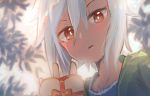  1girl backlighting blush dutch_angle gift hand_up inami_hatoko looking_at_viewer open_mouth original portrait red_eyes silver_hair sketch solo valentine 