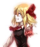  1girl amputee ascot bangs blonde_hair blood bloody_clothes bow breasts collared_shirt commentary_request eyebrows_visible_through_hair from_side hair_between_eyes hair_bow injury looking_to_the_side profile red_bow red_eyes rumia shirt simple_background sleeveless small_breasts solo tears teeth torn_clothes torn_shirt touhou upper_body white_background white_shirt white_skin yarumi_(suina) 
