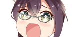  +_+ 1girl black_hair close-up glasses green_eyes kantai_collection looking_at_viewer no_nose okinami_(kantai_collection) open_mouth short_hair simple_background sin-poi solo sparkling_eyes symbol-shaped_pupils white_background 