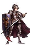  1boy alpha_transparency armor brown_eyes brown_hair full_body gran_(granblue_fantasy) granblue_fantasy helmet knight_(granblue_fantasy) male_focus minaba_hideo official_art plate_armor shield solo sword transparent_background weapon 