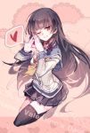  1girl black_hair cis_(carcharias) gloves heart heart_hands isokaze_(kantai_collection) kantai_collection lace long_hair looking_at_viewer one_eye_closed open_mouth red_eyes school_uniform serafuku smile spoken_heart tagme thigh-highs valentine 