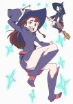  2girls akko_kagari arai_hiroki boots broom broom_riding brown_eyes brown_hair flying glasses hat highres little_witch_academia long_hair looking_at_viewer multiple_girls opaque_glasses ponytail school_uniform simple_background smile sparkle uniform ursula_(little_witch_academia) wand white_background witch_hat 