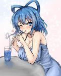  1girl amagi_(amagi626) bare_arms bare_shoulders blue_background blue_dress blue_eyes blue_hair blush breasts chemise cleavage collarbone commentary_request cup dress drinking drinking_glass drinking_straw eyebrows_visible_through_hair gradient gradient_background hair_between_eyes hair_rings hands_up heart highres kaku_seiga large_breasts looking_at_viewer one_eye_closed pink_background short_hair solo spaghetti_strap sparkle table touhou upper_body 