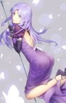  1girl ass bare_back black_gloves blue_eyes braid butterfly caster dress elbow_gloves fate/grand_order fate_(series) gloves long_hair looking_at_viewer looking_back parted_lips purple_dress purple_hair sabu solo staff 