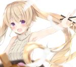  1girl :d ao_no_kanata_no_four_rhythm aran_sweater arisaka_mashiro armpits backless_outfit bangs blonde_hair blurry blush bowl breasts chopsticks depth_of_field eyebrows_visible_through_hair feathers floating_hair hair_between_eyes halterneck holding holding_chopsticks long_hair looking_at_viewer medium_breasts meme_attire naked_sweater noa_(letizia) open_mouth ribbed_sweater simple_background smile solo sweater turtleneck turtleneck_sweater twintails udon violet_eyes virgin_killer_sweater white_background 