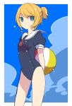  1girl aqua_eyes arms_behind_back ball bare_legs beachball blonde_hair blue_sky breasts buttons clouds dripping kagamine_rin looking_at_viewer sailor_collar short_necktie sidelocks sky small_breasts solo swimsuit updo vocaloid water_drop wet wet_clothes yoshiki 