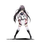  1girl black_boots black_hair blue_eyes blue_ribbon boots divine_gate full_body grey_ribbon hair_between_eyes hair_ribbon hands_on_hips high_ponytail infinite_stratos knee_boots long_hair looking_at_viewer neck_ribbon official_art ribbon shinonome_nano solo thigh-highs transparent_background ucmm uniform very_long_hair white_legwear 