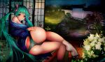  1girl absurdres aqua_eyes aqua_hair ass bangs breasts cleavage flower from_behind garden hair_ornament hatsune_miku highres japanese_clothes kimono lapaco long_hair long_sleeves looking_at_viewer looking_back lying night off_shoulder on_side panties parted_lips socks solo striped striped_panties twintails underwear very_long_hair vocaloid white_legwear wide_sleeves 