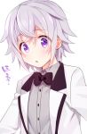  1boy :o blazer bow bowtie dorifesu! jacket looking_at_viewer male_focus open_clothes open_jacket open_mouth purple_hair sawamura_chizuru short_hair simple_background solo upper_body utsunomiya_hetaru violet_eyes white_background 