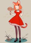  1girl animal_ears bell bell_collar cat_ears cat_tail closed_eyes collar dress fish fish_hair_ornament frills grey_background hair_ornament hairclip l_hakase orange_hair pantyhose paw_pose post_neko puffy_short_sleeves puffy_sleeves red_dress redhead short_sleeves sign signature simple_background smile tail valentine_post 