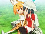  animal_ears backpack bag bare_shoulders between_legs black_gloves black_hair blue_eyes bow bowtie breasts collarbone commentary_request elbow_gloves eyebrows_visible_through_hair eyelashes feathers gloves grass hand_between_legs hat highres kaban kemono_friends looking_at_another looking_away medium_breasts orange_eyes orange_hair outdoors pantyhose red_shirt ribbon rock safari_hat sanpaku sat-c serval_(kemono_friends) serval_ears shadow shirt shoe_ribbon short_hair shorts sitting skirt sleeveless sleeveless_shirt smile socks tareme thigh-highs white_footwear white_shirt 