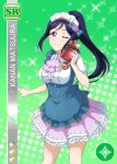  blue_hair blush character_name dress heart long_hair love_live!_school_idol_festival love_live!_sunshine!! matsuura_kanan ponytail purple_eyes smile wink 