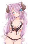  1girl arms_behind_back bikini blue_eyes blush breasts cleavage doraf granblue_fantasy hair_ornament hair_over_one_eye horns jewelry large_breasts long_hair looking_at_viewer moorina narumeia_(granblue_fantasy) navel pointy_ears purple_hair simple_background single_earring sketch smile solo swimsuit very_long_hair white_background 