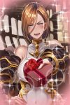  1girl apollonia_vaar bare_shoulders blue_eyes blush breasts brown_hair butcha-u chocolate chocolate_heart covered_navel granblue_fantasy hand_on_hip heart looking_at_viewer open_mouth solo sweatdrop teeth valentine 