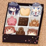  4girls akatsuki_(kantai_collection) anchor_symbol black_skirt blue_eyes blush box brown_eyes brown_hair chibi chocolate closed_mouth commentary_request fang flat_cap folded_ponytail hair_ornament hairclip hat hibiki_(kantai_collection) hinata_yuu ikazuchi_(kantai_collection) inazuma_(kantai_collection) kantai_collection long_hair long_sleeves minigirl multiple_girls neckerchief open_mouth pleated_skirt ponytail purple_hair school_uniform serafuku short_hair silver_hair skirt valentine violet_eyes wavy_mouth 