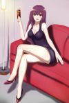  1girl absurdres blush breasts cleavage dress fate/grand_order fate_(series) high_heels highres legs_crossed long_hair looking_at_viewer open_mouth purple_hair red_eyes scathach_(fate/grand_order) shoes sitting sitting_on_object solo valentine 