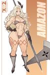  1girl abs amazon_(dragon&#039;s_crown) armor artist_name bikini_armor blonde_hair breasts character_name cleavage dragon&#039;s_crown full_body gloves halberd hand_on_hip looking_at_viewer muscle muscular_female polearm solo tattoo thick_thighs thighs watermark weapon web_address x-teal2 
