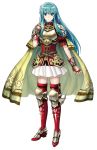  1girl aqua_hair armor blue_eyes blue_hair boots breastplate cape earrings eirika fire_emblem fire_emblem:_seima_no_kouseki fire_emblem_heroes full_body gloves half_gloves highres jewelry long_hair miniskirt puffy_short_sleeves puffy_sleeves red_boots short_sleeves shoulder_pads sidelocks skirt smile solo thigh-highs thigh_boots very_long_hair white_skirt zettai_ryouiki 