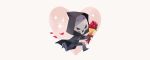  1boy blush bouquet chibi flower full_body gloves heart hood hooded_jacket jacket mask overwatch petals reaper_(overwatch) rose running simple_background solid_circle_eyes solo sparkle star tinysnails valentine white_background 