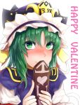  1girl blouse blush chocolate covered_mouth eyebrows_visible_through_hair green_eyes green_hair hair_between_eyes happy_valentine hat heart holding ldl_(bcw1025) looking_at_viewer rod_of_remorse shiki_eiki smile solo touhou upper_body valentine vest 