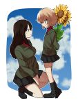  2girls arms_behind_back bangs black_hair black_legwear black_shoes black_skirt blonde_hair blue_eyes closed_mouth clouds cloudy_sky commentary embarrassed flower from_side full_body girls_und_panzer green_jacket holding holding_flower jacket katyusha kneeling light_frown light_smile loafers long_hair long_sleeves looking_at_another miniskirt multiple_girls nonna one_knee oono_imo outside_border pleated_skirt red_shirt school_uniform shirt shoes short_hair skirt sky socks standing sunflower turtleneck 